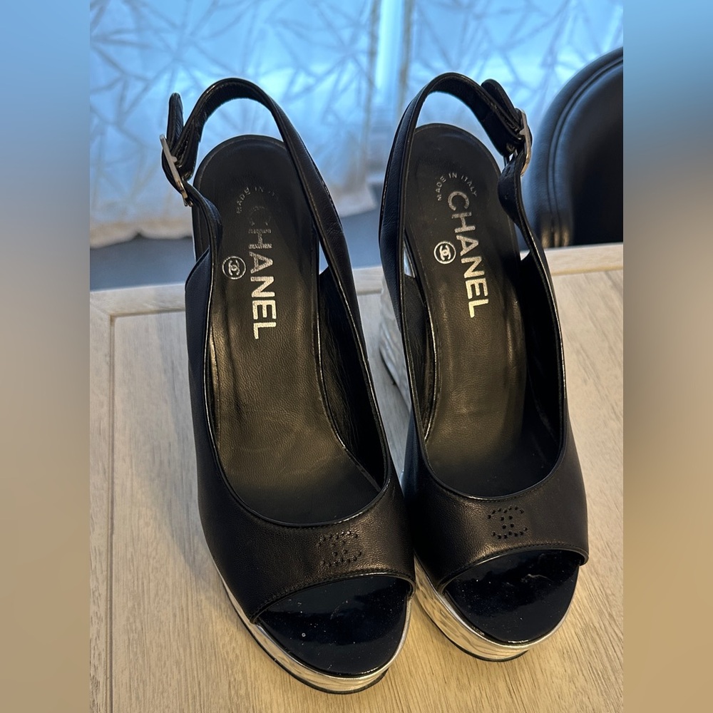Authentic Chanel Black Wedge sandals size 37 - Picture 2 of 9